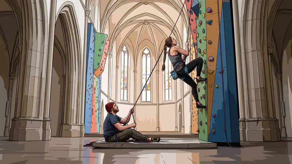 Kletterkirche in Mönchengladbach – Kletterin an der Wand im ehemaligen Kirchenschiff