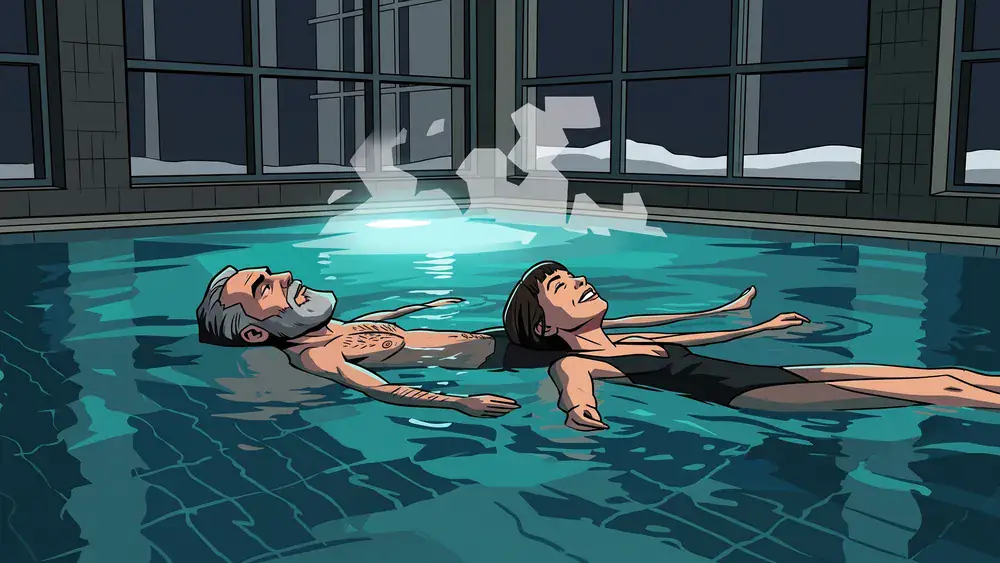 VitaSol Therme in Bad Salzuflen – zwei Gäste treiben abends im beleuchteten Solebecken