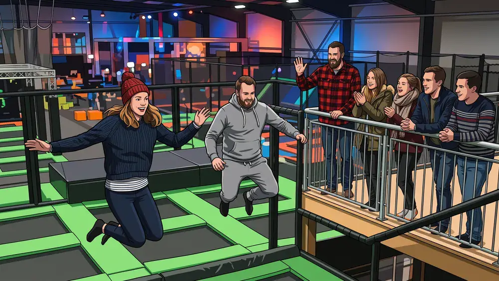 Alma Park in Gelsenkirchen – Kollegen springen und feuern sich in der Indoor-Halle an
