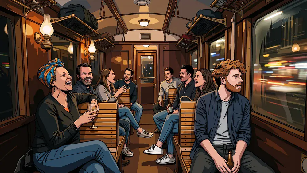 Kaiserwagen in Wuppertal – Kollegen sitzen im historischen Schwebebahnwagen über der Wupper
