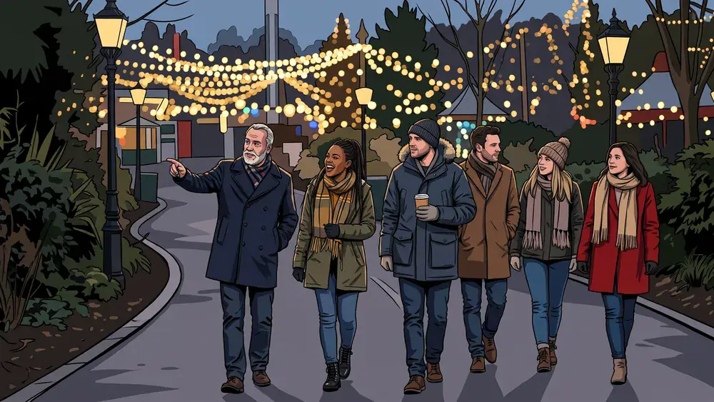 Phantasialand Wintertraum in Brühl – Kollegen laufen abends durch den beleuchteten Park