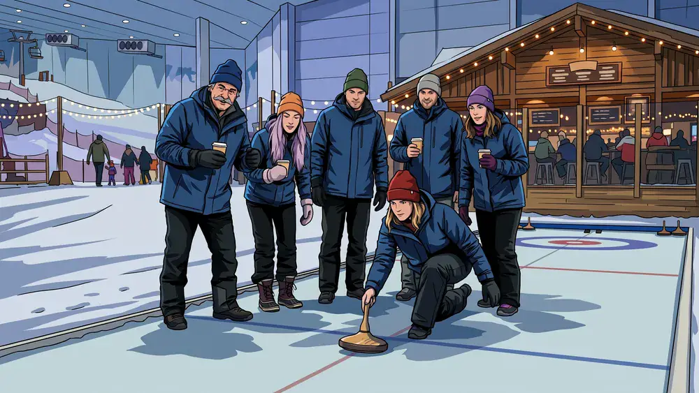 SnowWorld Neuss – Kollegen beim Eisstockschießen in der Skihalle