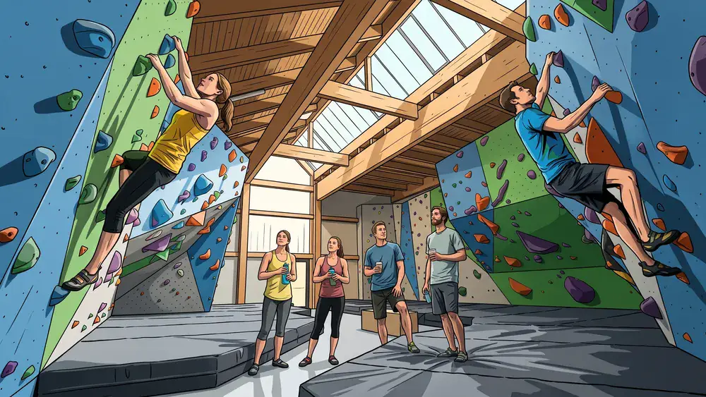 VELS Boulderhalle in Stuttgart - Erwachsene bouldern an bunten Kletterwänden in heller Halle