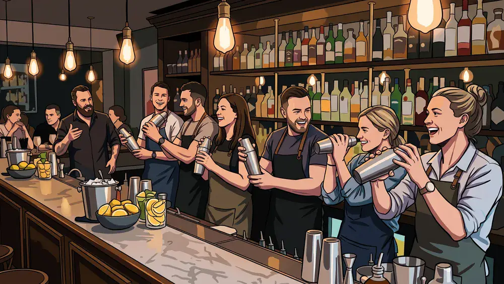 Cocktailkurs in Stuttgart - Erwachsene mixen Cocktails an einer Bar unter Anleitung im SI-Centrum