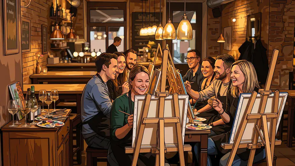 Painting Party in Stuttgart - Erwachsene malen an Staffeleien mit Wein in gemütlicher Bar-Atmosphäre