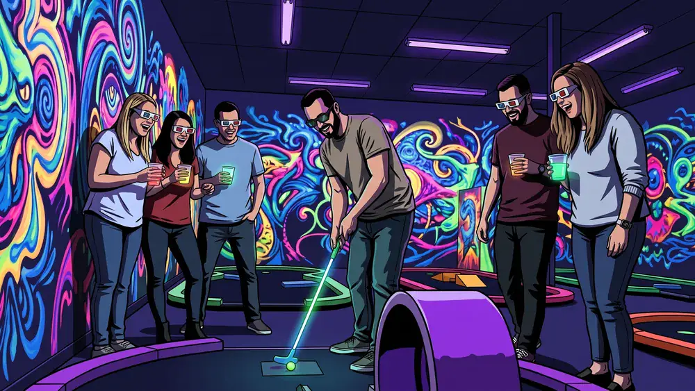 Schwarzlicht Minigolf in Stuttgart - Erwachsene spielen mit 3D-Brillen Minigolf in leuchtender Neonwelt