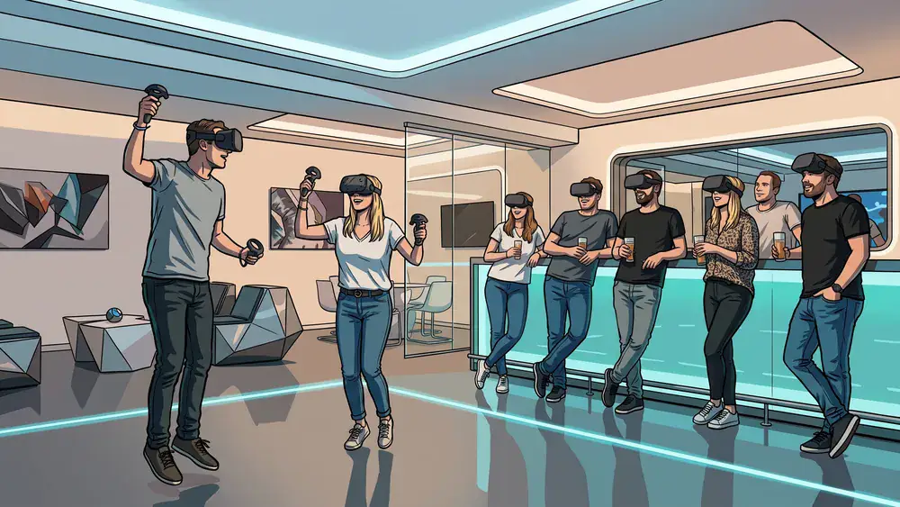 VR Lounge Stuttgart - Erwachsene spielen mit VR-Brillen Multi-Player-Spiele in moderner Lounge