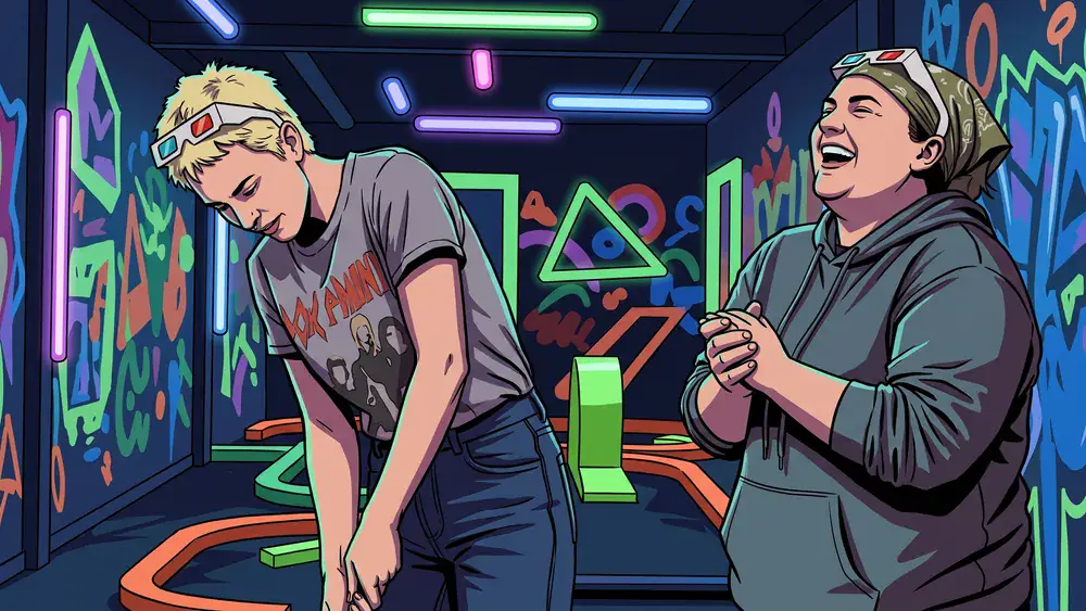 Blacklight Stuttgart – Zwei Personen spielen Schwarzlicht-Minigolf auf leuchtenden Neon-Bahnen