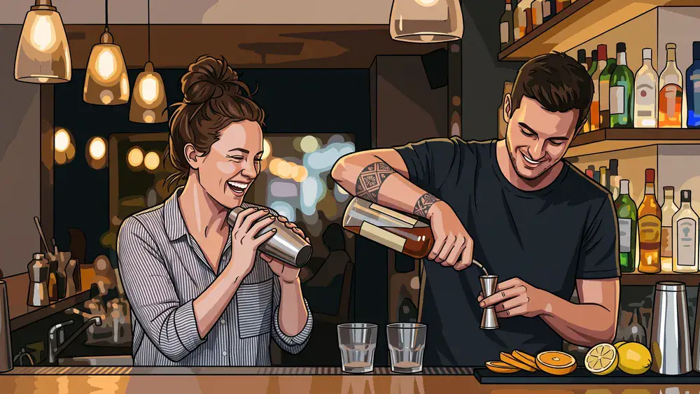 Cocktailkurs in Stuttgart – Zwei Personen mixen Cocktails an einer Bar unter Anleitung