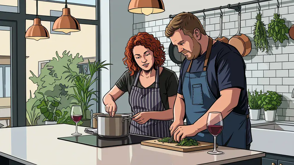 Kochkurs in Stuttgart – Zwei Personen kochen gemeinsam in einer hellen Kochschule