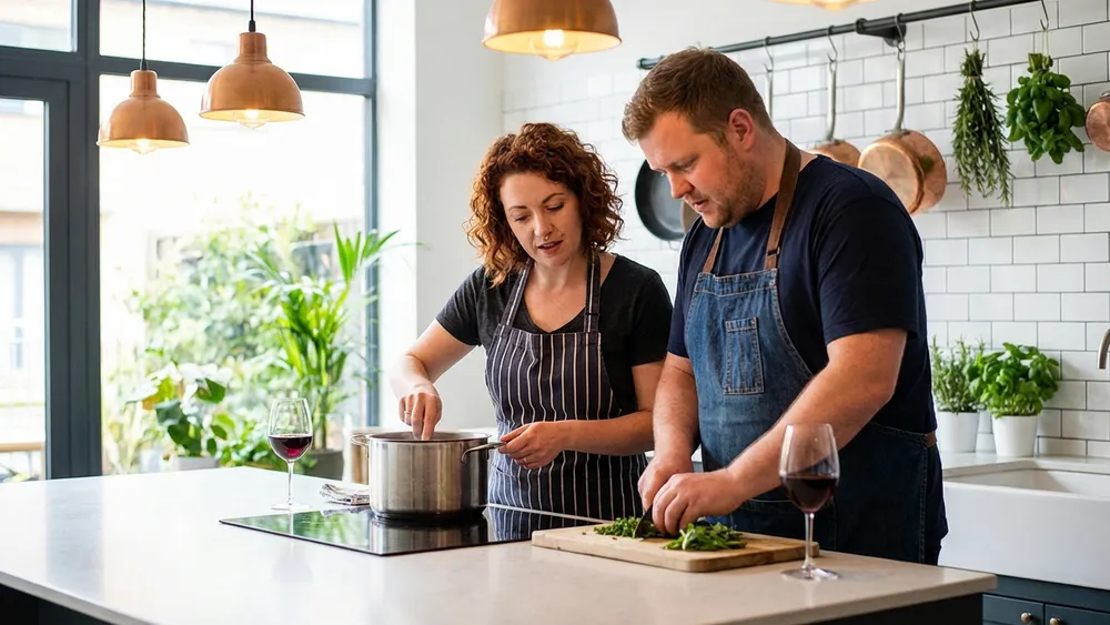 Kochkurs in Stuttgart – Zwei Personen kochen gemeinsam in einer hellen Kochschule