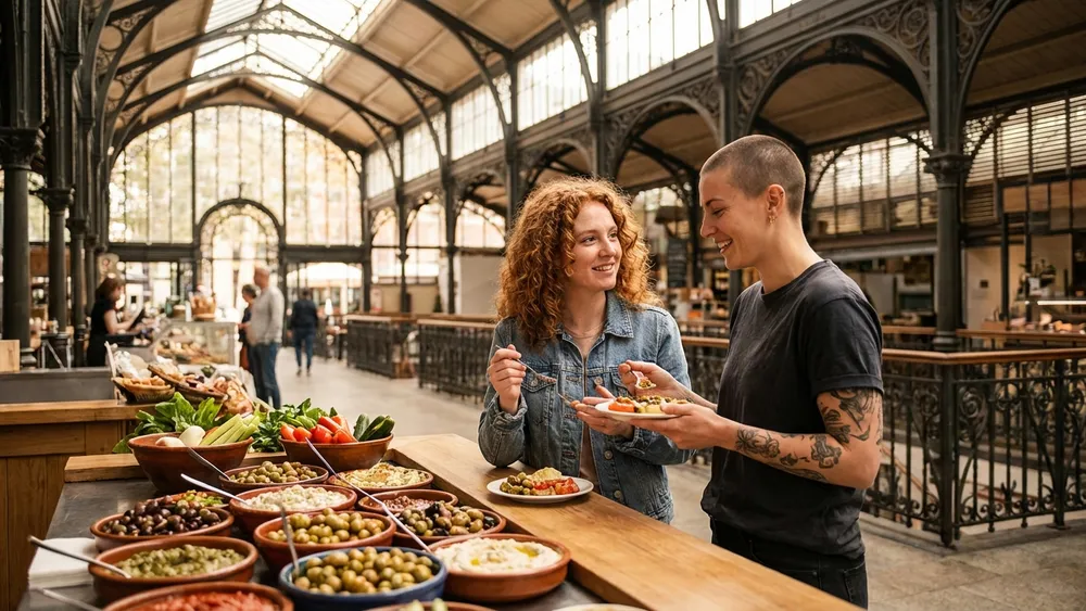 Stuttgarter Markthalle – Zwei Personen probieren Spezialitäten an einem Marktstand unter der Jugendstil-Glaskuppel