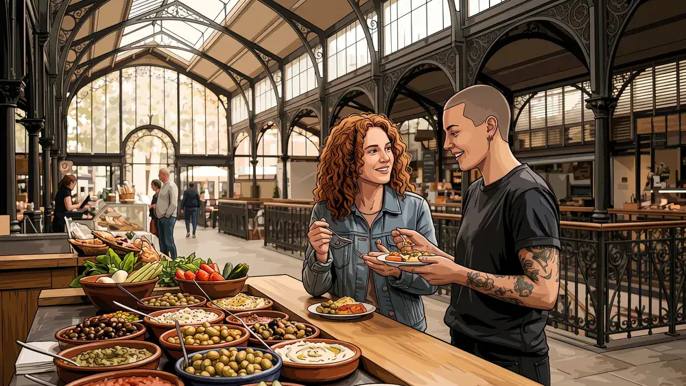 Stuttgarter Markthalle – Zwei Personen probieren Spezialitäten an einem Marktstand unter der Jugendstil-Glaskuppel