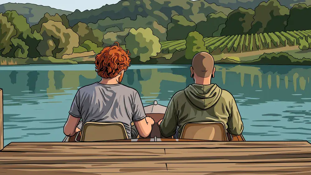 Max-Eyth-See in Stuttgart – Zwei Personen auf einem Tretboot auf dem See mit Weinbergen im Hintergrund