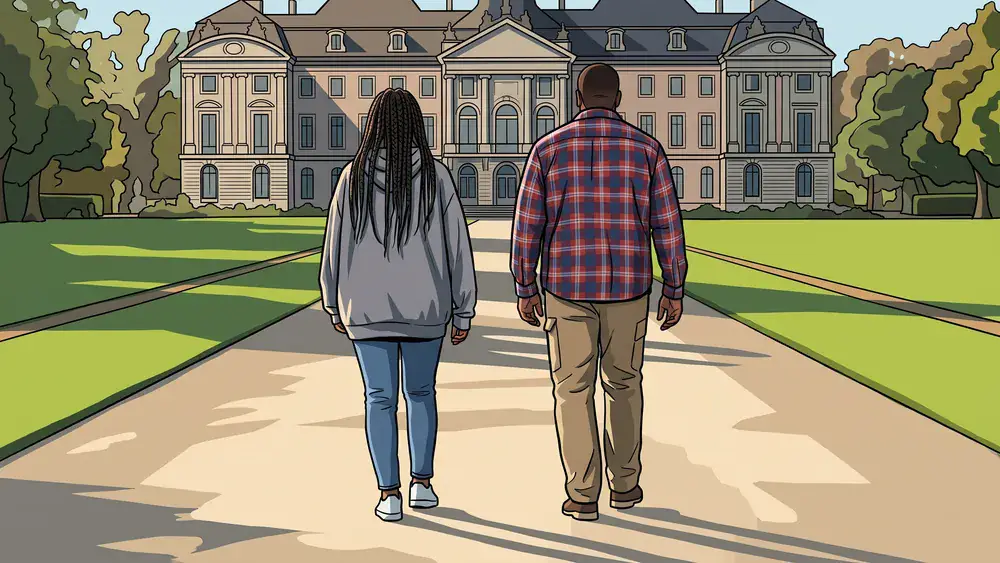 Schloss Solitude in Stuttgart – Zwei Personen spazieren bei Sonnenuntergang auf das Rokoko-Schloss zu