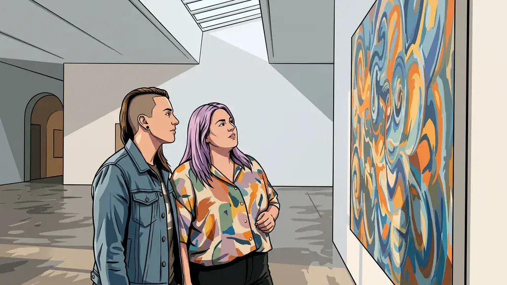 Staatsgalerie Stuttgart – Zwei Personen betrachten ein Gemälde in einem hellen Ausstellungsraum