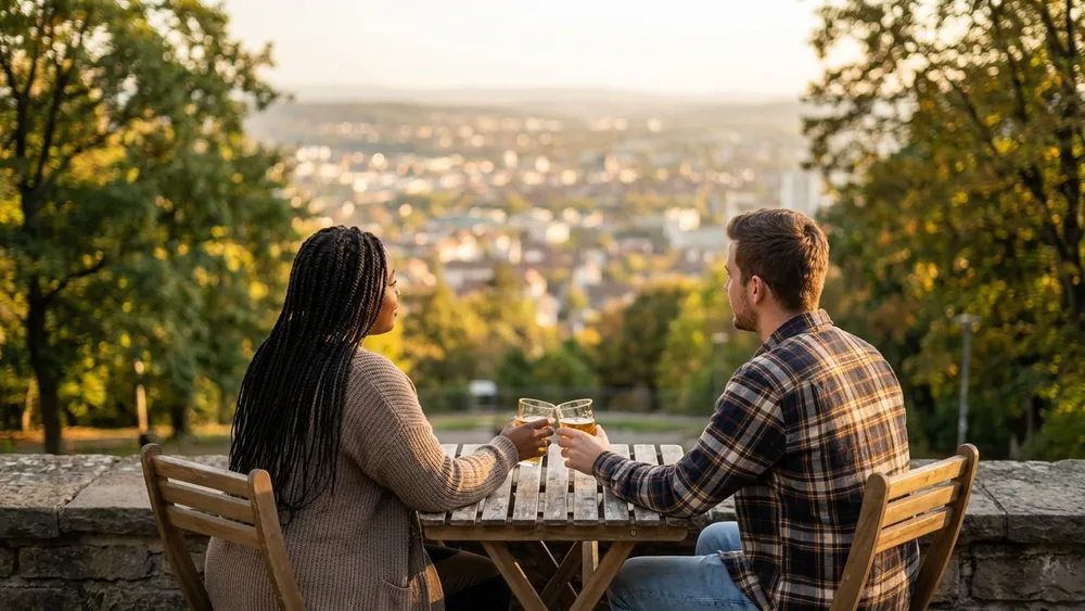 Teehaus im Weißenburgpark in Stuttgart – Zwei Personen auf der Terrasse mit Panoramablick über den Kessel