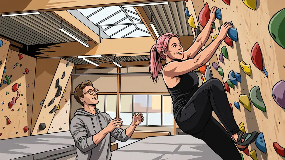 VELS Boulderhalle in Stuttgart – Zwei Personen bouldern an einer farbenfrohen Kletterwand