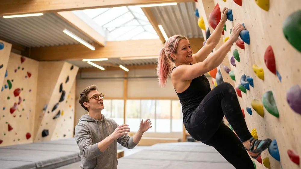 VELS Boulderhalle in Stuttgart – Zwei Personen bouldern an einer farbenfrohen Kletterwand