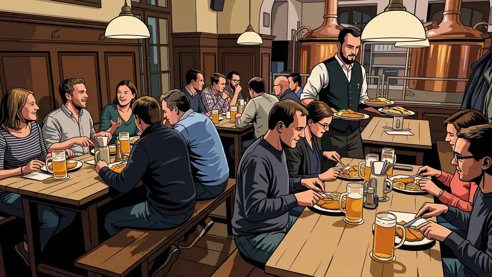 Brauhaus in Stuttgart – Kollegen trinken Hellbier an langen Tischen mit schwäbischen Spezialitäten