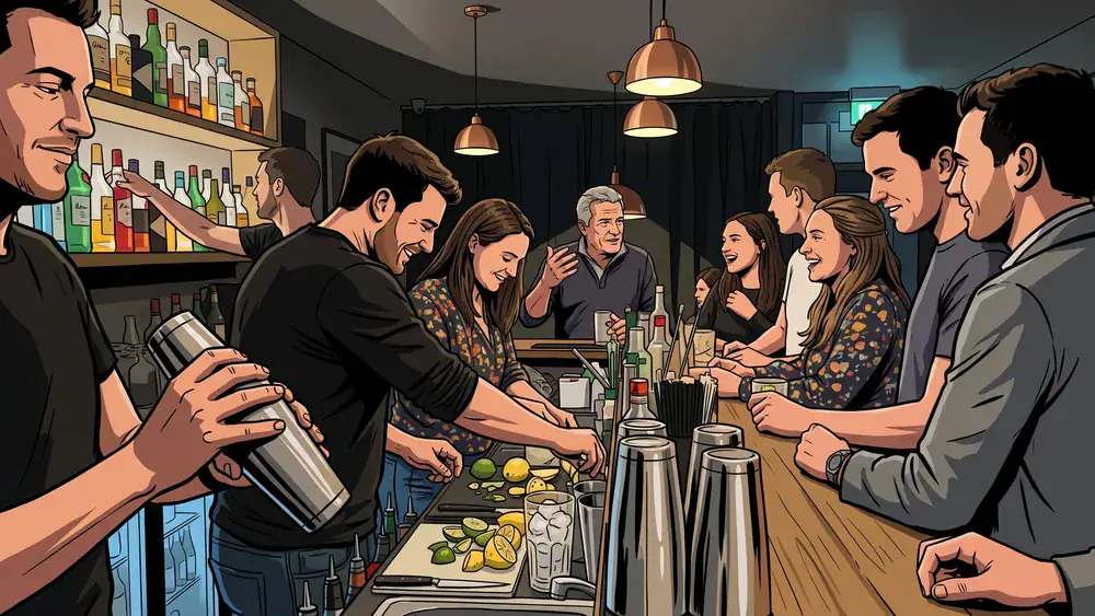 Cocktailkurs in Stuttgart – Kollegen mixen als Gruppe Cocktails an einer Bar unter Anleitung im SI-Centrum