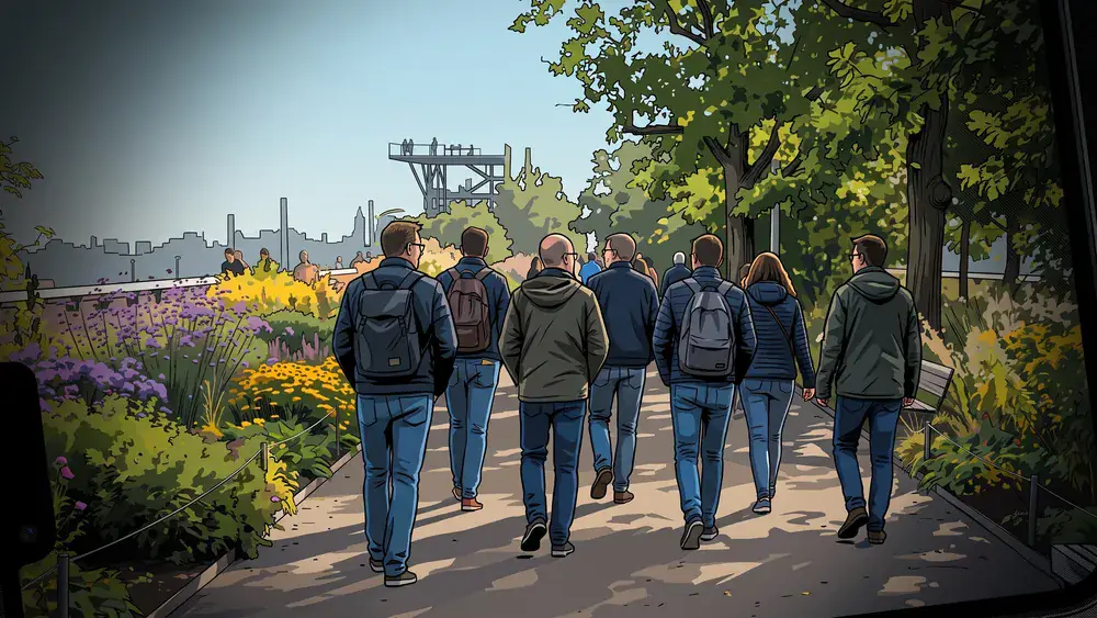 Höhenpark Killesberg in Stuttgart – Kollegen spazieren als Gruppe durch den Park mit Killesbergturm im Hintergrund