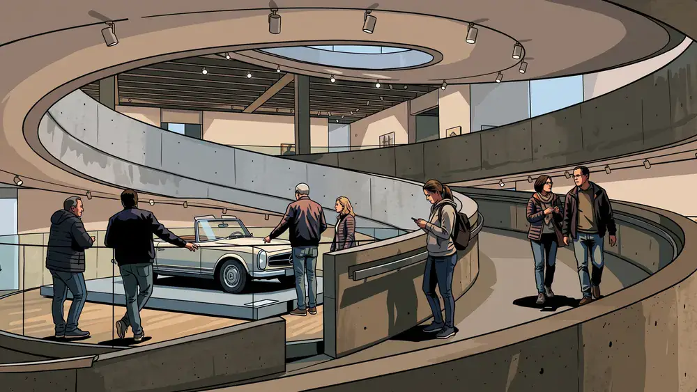 Mercedes-Benz Museum in Stuttgart – Kollegen gehen als Gruppe durch die spiralförmige Ausstellung mit Oldtimern