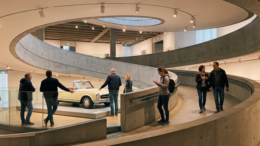 Mercedes-Benz Museum in Stuttgart – Kollegen gehen als Gruppe durch die spiralförmige Ausstellung mit Oldtimern