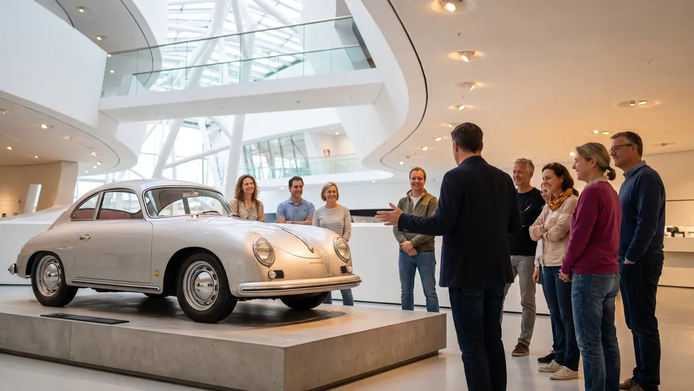 Porsche Museum in Stuttgart – Kollegen betrachten als Gruppe Sportwagen in futuristischer Museumsarchitektur