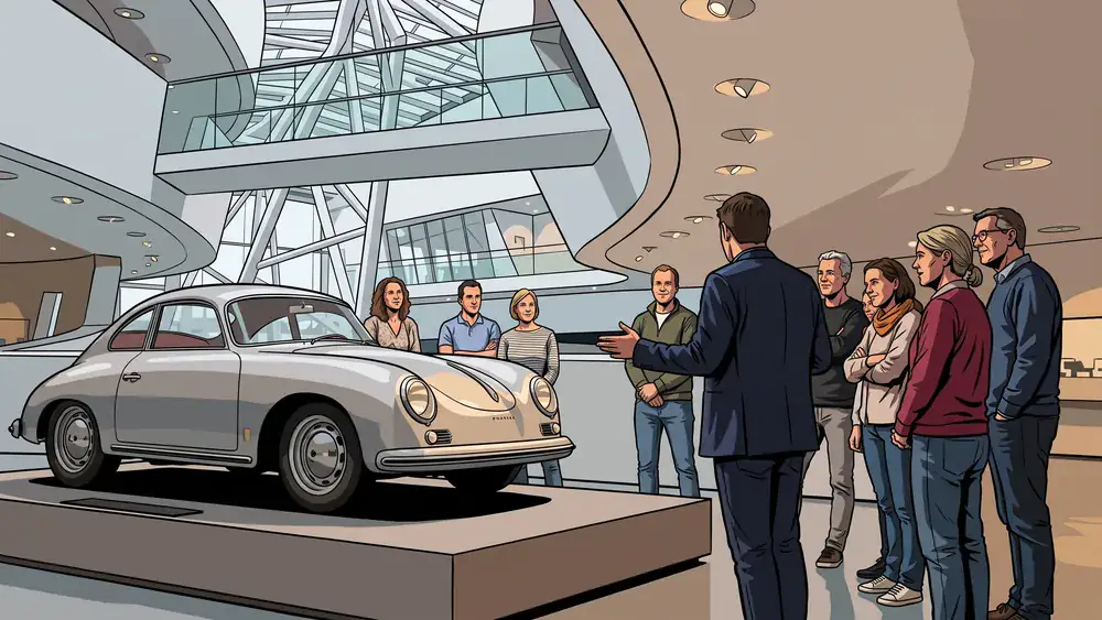 Porsche Museum in Stuttgart – Kollegen betrachten als Gruppe Sportwagen in futuristischer Museumsarchitektur