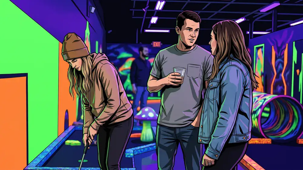 Schwarzlicht Minigolf in Stuttgart – Kollegen spielen als Gruppe mit 3D-Brillen Minigolf in leuchtender Neonwelt