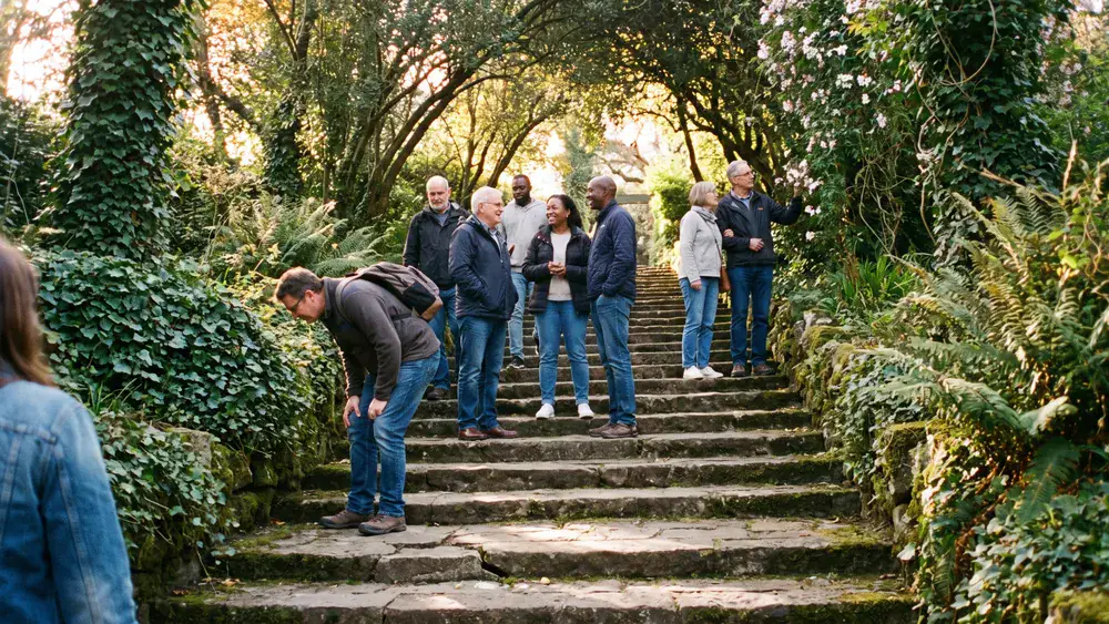 Stäffelestour in Stuttgart – Kollegen steigen als Gruppe mit Guide eine historische Freilufttreppe mit Grün hinauf