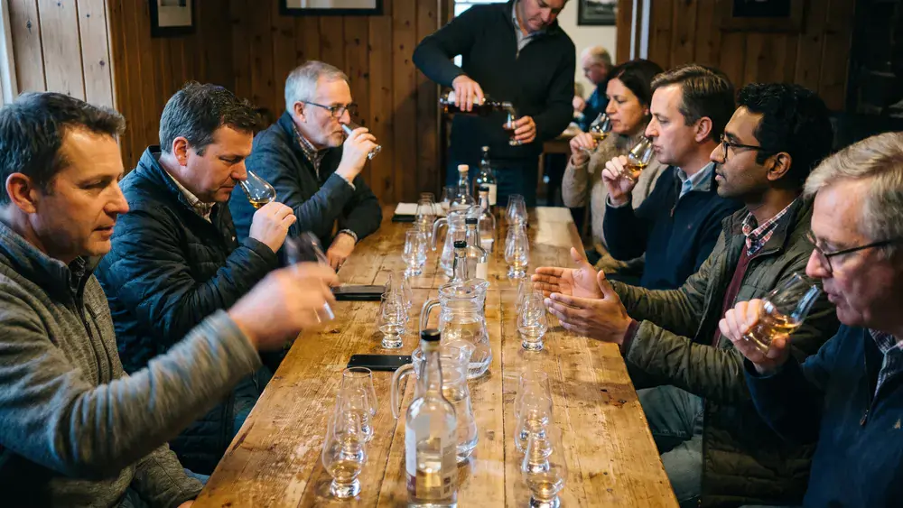 Whisky-Tasting in Stuttgart – Kollegen verkosten als Gruppe Single Malts unter Anleitung am Tisch