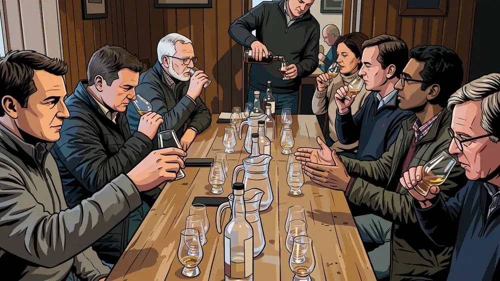 Whisky-Tasting in Stuttgart – Kollegen verkosten als Gruppe Single Malts unter Anleitung am Tisch