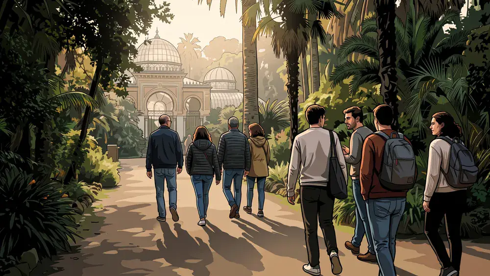 Wilhelma in Stuttgart – Kollegen spazieren als Gruppe durch den botanischen Garten mit historischen Gewächshäusern