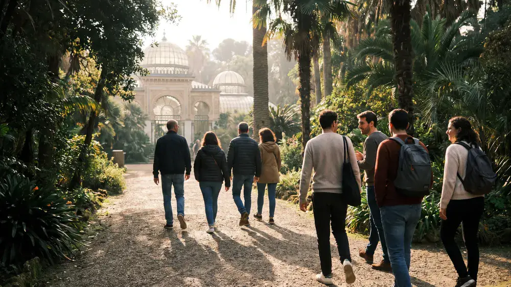 Wilhelma in Stuttgart – Kollegen spazieren als Gruppe durch den botanischen Garten mit historischen Gewächshäusern