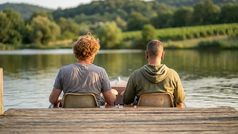 Max-Eyth-See in Stuttgart – Zwei Personen auf einem Tretboot auf dem See mit Weinbergen im Hintergrund