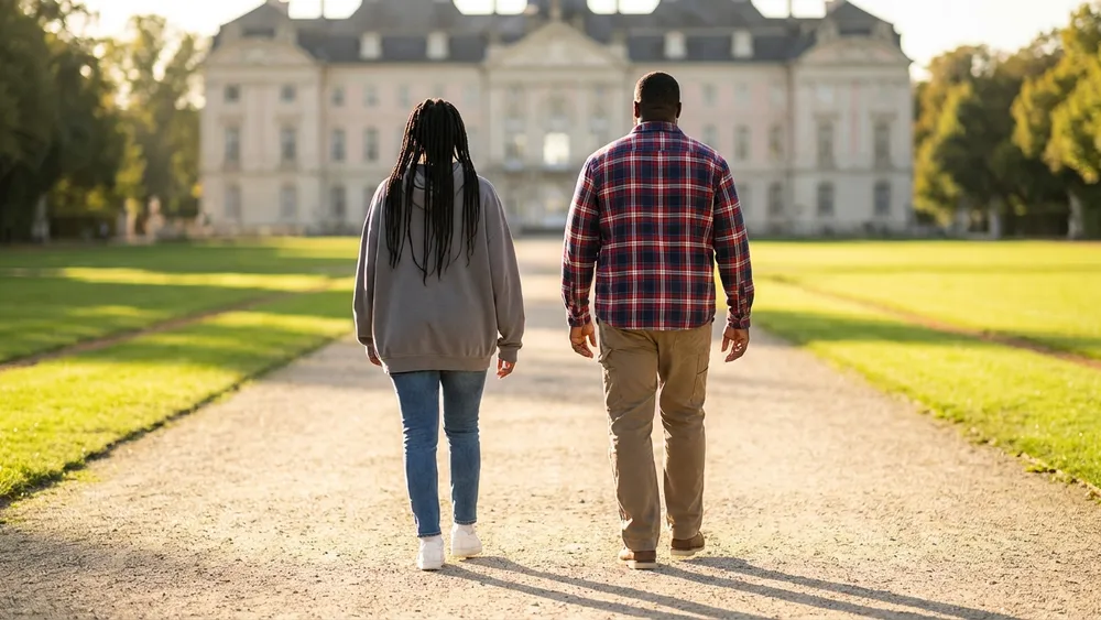 Schloss Solitude in Stuttgart – Zwei Personen spazieren bei Sonnenuntergang auf das Rokoko-Schloss zu
