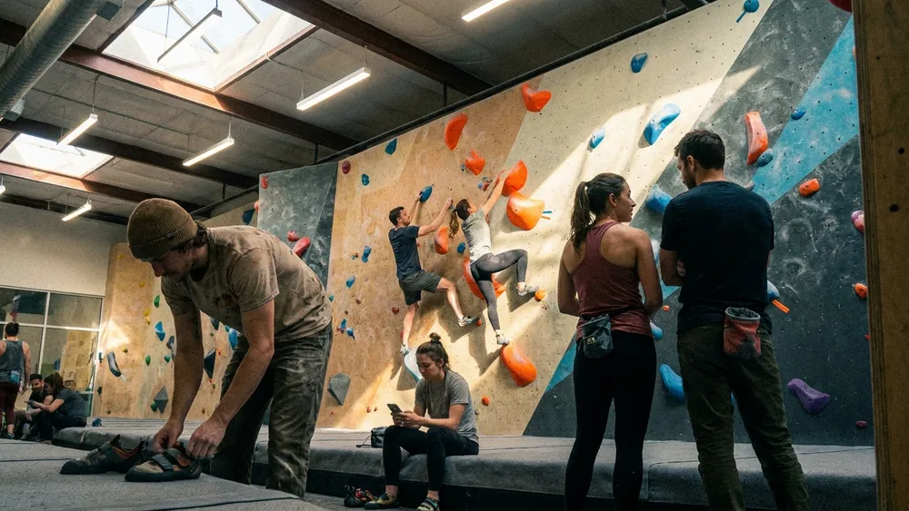 VELS Boulderhalle in Stuttgart – Gruppe bouldert gemeinsam an einer farbenfrohen Kletterwand