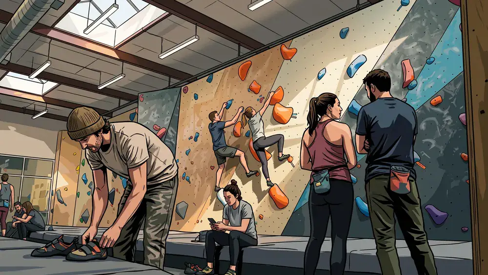 VELS Boulderhalle in Stuttgart – Gruppe bouldert gemeinsam an einer farbenfrohen Kletterwand