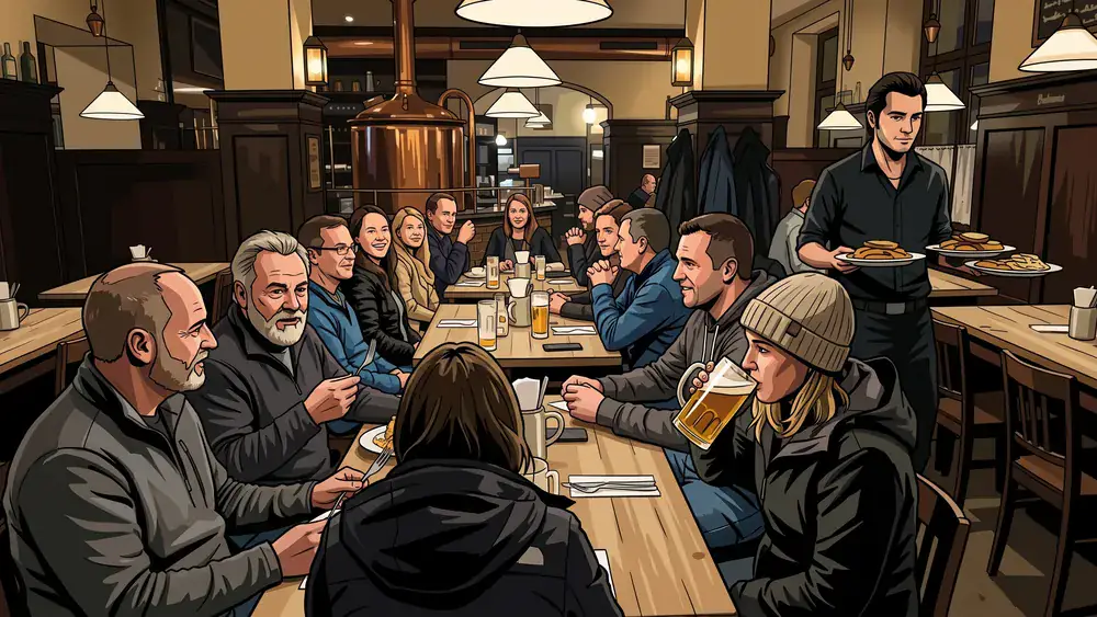 Brauhaus in Stuttgart – Gruppe trinkt Hellbier an langen Tischen mit schwäbischen Spezialitäten