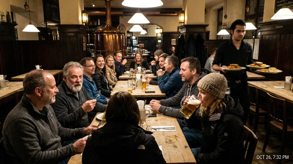 Brauhaus in Stuttgart – Gruppe trinkt Hellbier an langen Tischen mit schwäbischen Spezialitäten