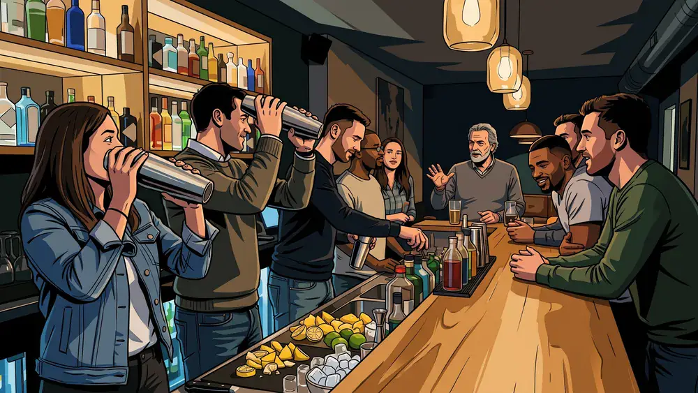 Cocktailkurs in Stuttgart – Gruppe mixt Cocktails an einer Bar unter Anleitung im SI-Centrum