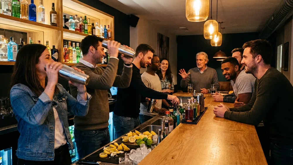 Cocktailkurs in Stuttgart – Gruppe mixt Cocktails an einer Bar unter Anleitung im SI-Centrum