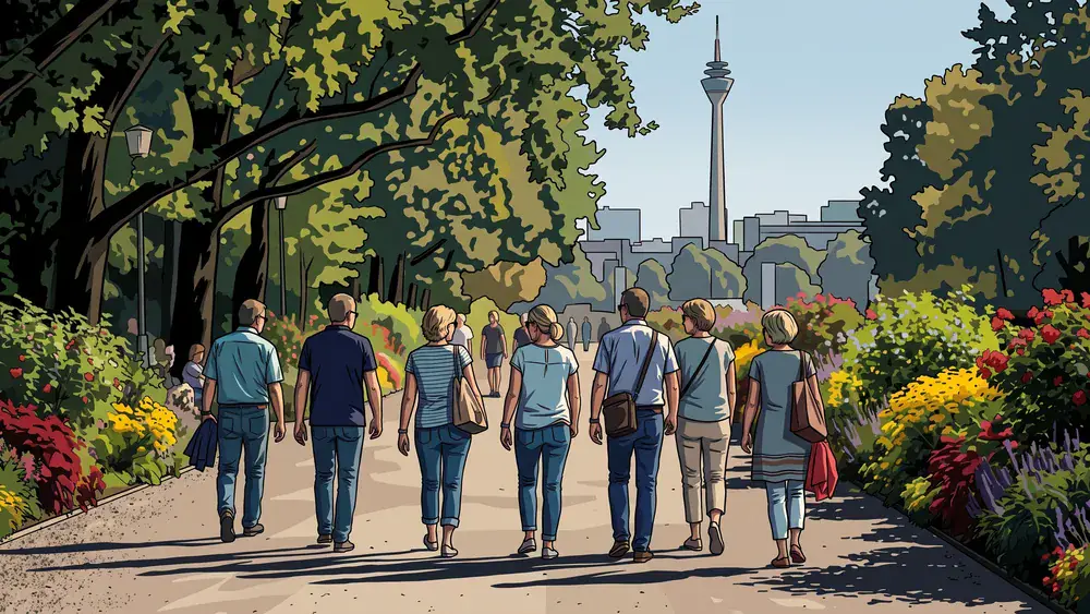 Höhenpark Killesberg in Stuttgart – Gruppe spaziert durch den Park mit Killesbergturm im Hintergrund