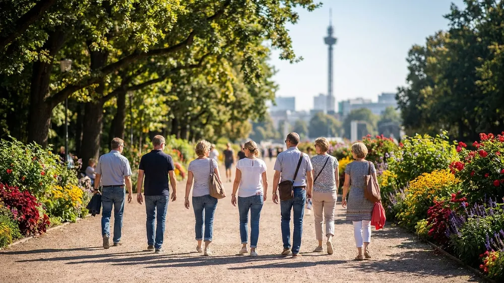 Höhenpark Killesberg in Stuttgart – Gruppe spaziert durch den Park mit Killesbergturm im Hintergrund