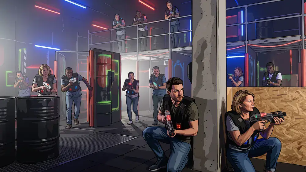 Lasertag in Stuttgart – Gruppe in Sensorwesten spielt mit Phasern in einer dunklen Neon-Arena