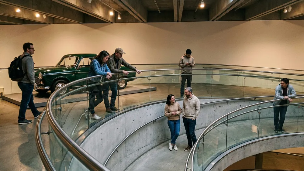 Mercedes-Benz Museum in Stuttgart – Gruppe geht durch die spiralförmige Ausstellung mit Oldtimern
