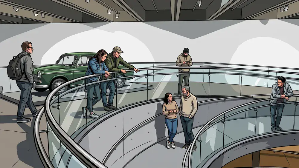 Mercedes-Benz Museum in Stuttgart – Gruppe geht durch die spiralförmige Ausstellung mit Oldtimern