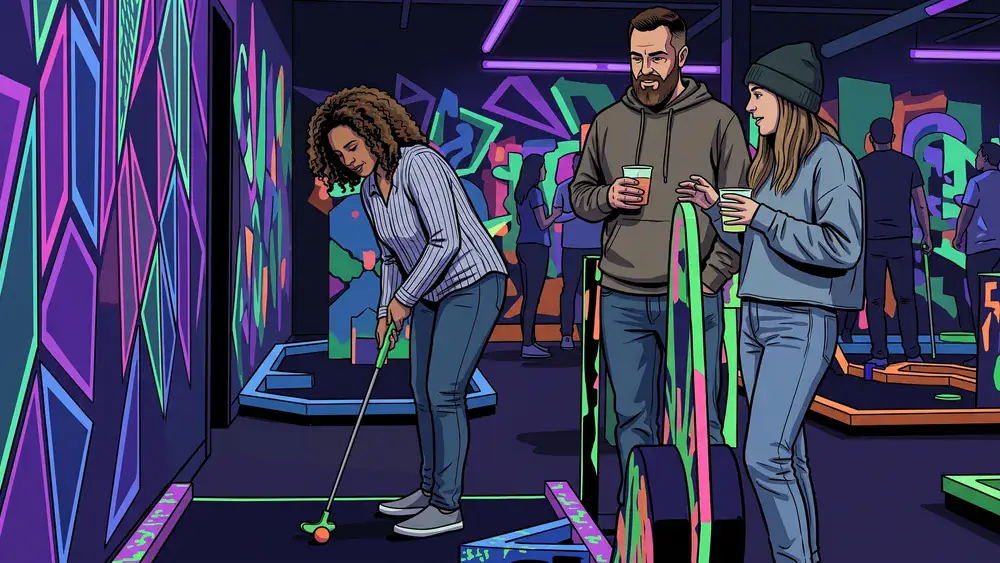 Schwarzlicht Minigolf in Stuttgart – Gruppe spielt mit 3D-Brillen Minigolf in leuchtender Neonwelt